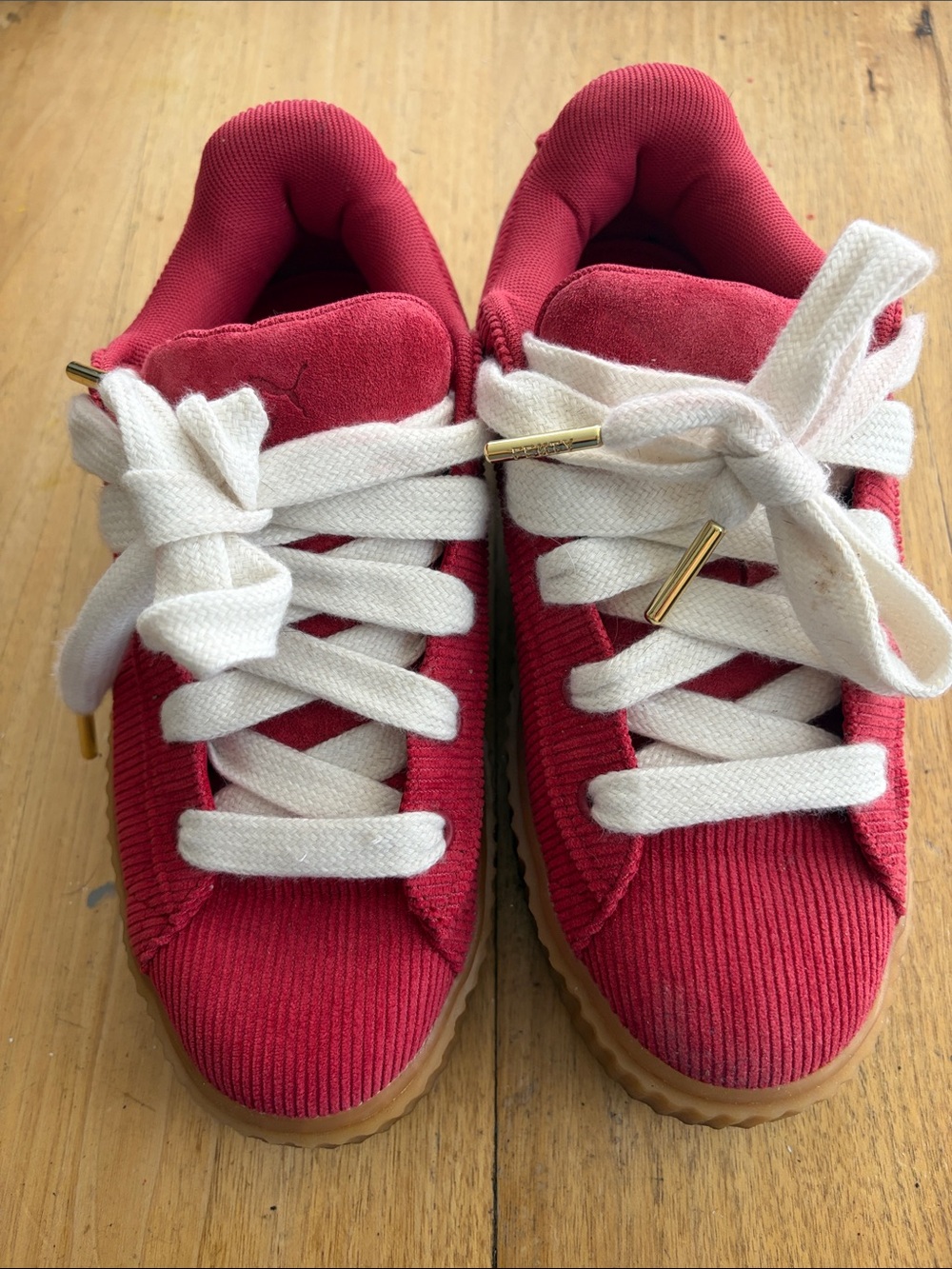 Puma/Fenty Red Corduroy Sneakers with White Laces and Gum Sole